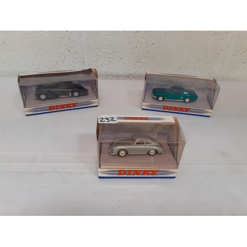 232 - Boxed Dinky DY-25 1958 Porsche 356A Coupé, DY-16 1967 Ford Mustang Fast Back & DY-14 Delahaye 145.