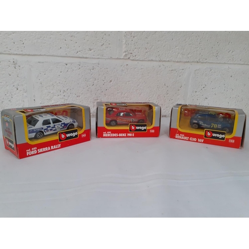 237 - Boxed Burago Renault Clio 16V 4160, Ford Sierra Rally 4183 & Mercedes-Benz 190E 4102.