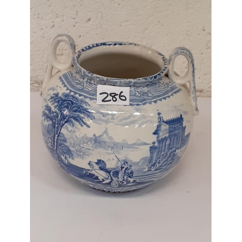 286 - Arcadian Chariots Pottery Blue & White Double Handle Vase.