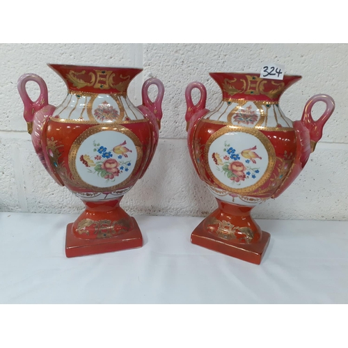 324 - Pair of Hand Painted Double Handled Vases.