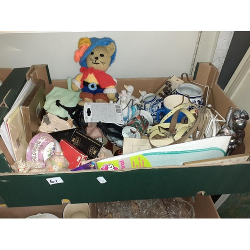 61 - Box to Include Ladies Gloves, Vintage Baby Reins, Cottage Figures, Plates, Figures etc.