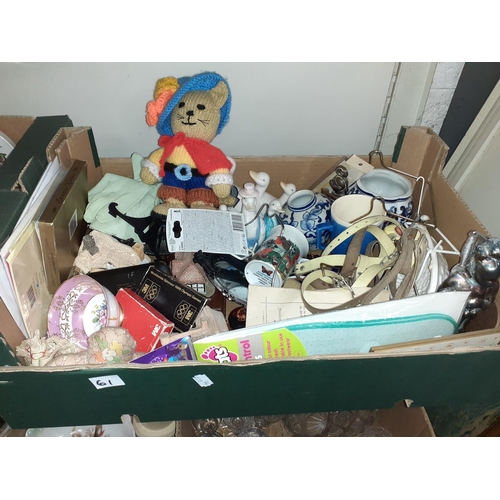 61 - Box to Include Ladies Gloves, Vintage Baby Reins, Cottage Figures, Plates, Figures etc.