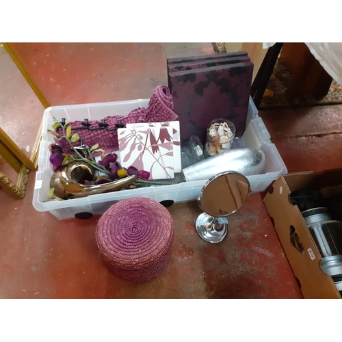 65 - Box of Purple Theme Home Decor Including Candle Holders, Floral Display, Canvases, Mat etc.