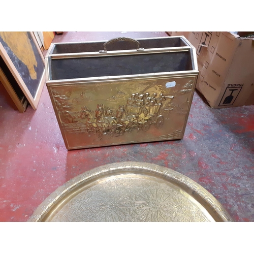 69 - Large Brass Wall Plaque & Brass Magazine Rack.