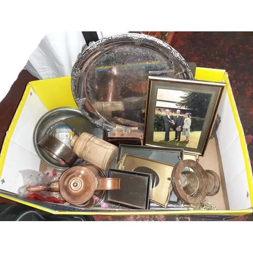 74 - Box to Include Plated Tray, Copper Water Pot, Vintage Picture Frames etc.