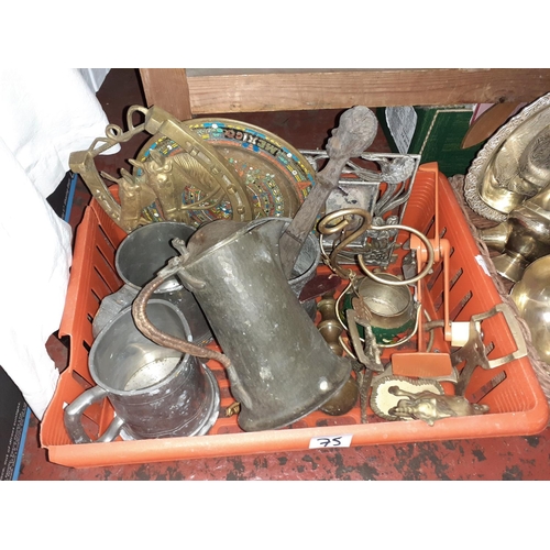 75 - Box of Plated & Brass Ware, Pewter Tankards etc.