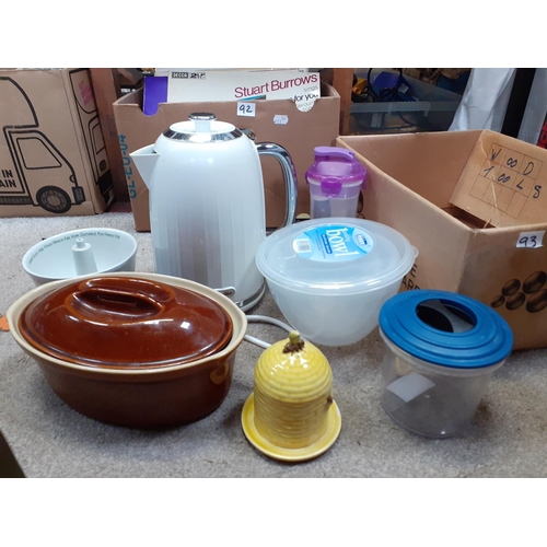 93 - Box of Assorted Kitchen Ware including a Kettle.