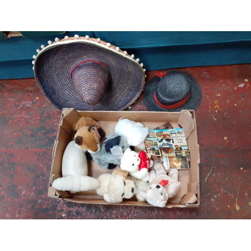 Box of Plush Toys and Two Hats Mexican & Spanish.
