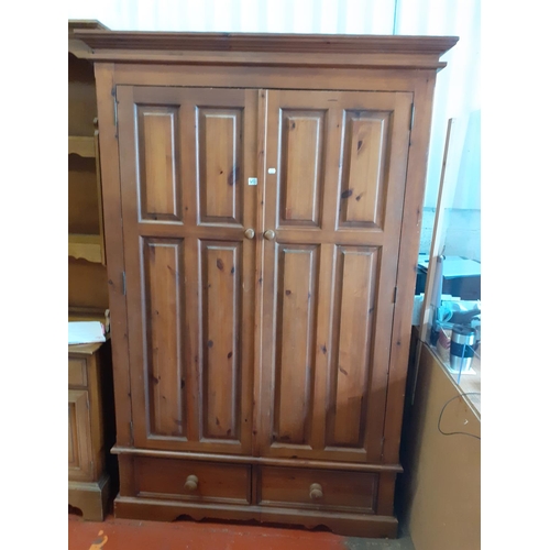 633 - Solid Pine Double Wardrobe with Twin Drawers.