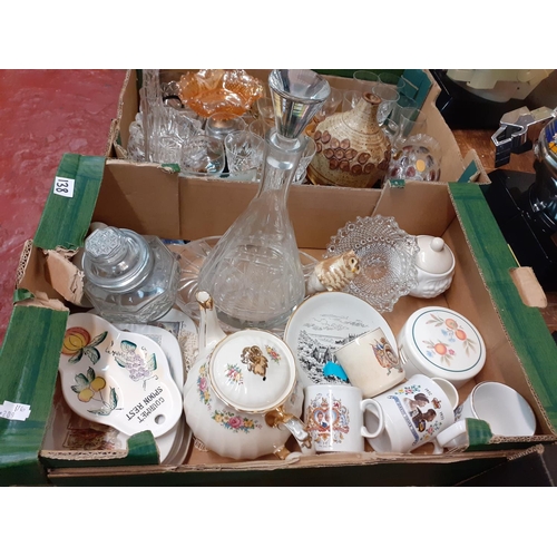 138 - Box of China to Include Glassware, Decanters, Commemorative Mugs, 