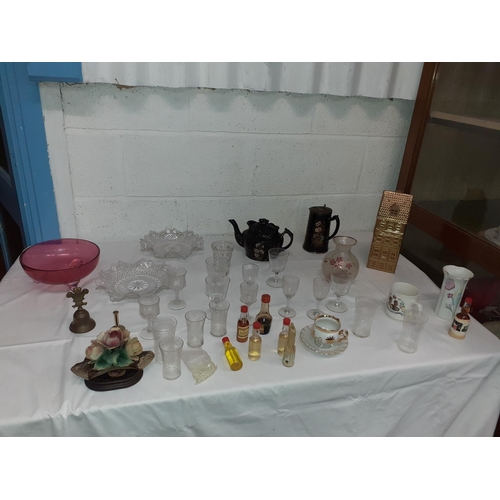 141 - Box to Include China, Glassware, Coloured Glass Bowl, Vases, Biscuit Tin, Miniatures, Hot Water Jug ... 