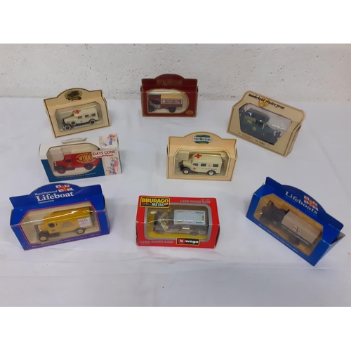 2 - Eight Boxed Model Vehicles - 2 x Lledo Lifeboat Trucks, Buargo Land Rover Raid, Matchbox Models of Y... 