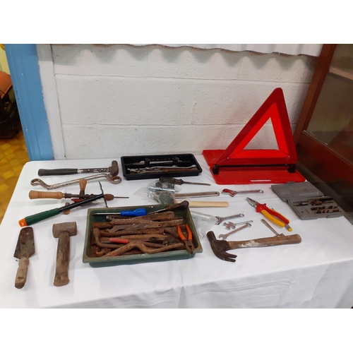 11 - Box of Assorted Tools, Emergency Triangle & Hardware.