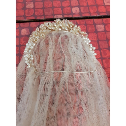 148 - Vintage Lace Wedding Veil with Pearl Floral Headband.