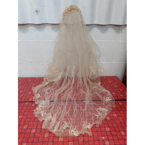 148 - Vintage Lace Wedding Veil with Pearl Floral Headband.