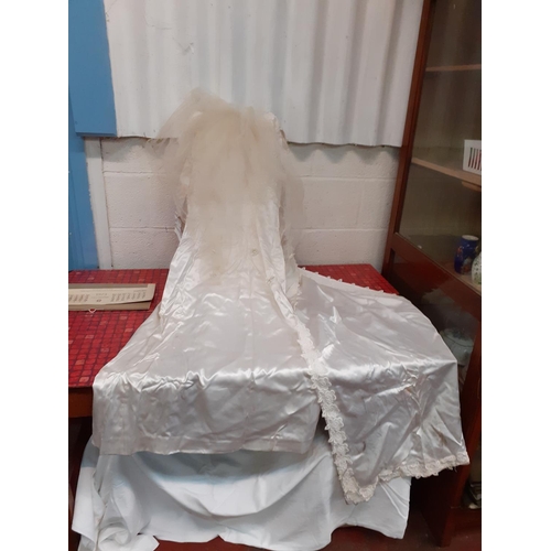 155 - Vintage Hand Made Satin Wedding Dress with Train and Veil in Box - tear to veil & Some marks to dres... 