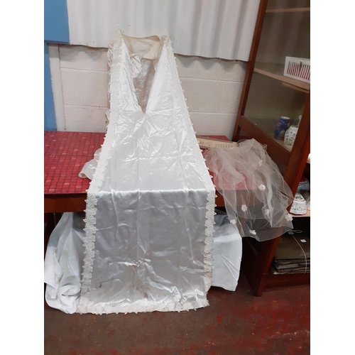 155 - Vintage Hand Made Satin Wedding Dress with Train and Veil in Box - tear to veil & Some marks to dres... 