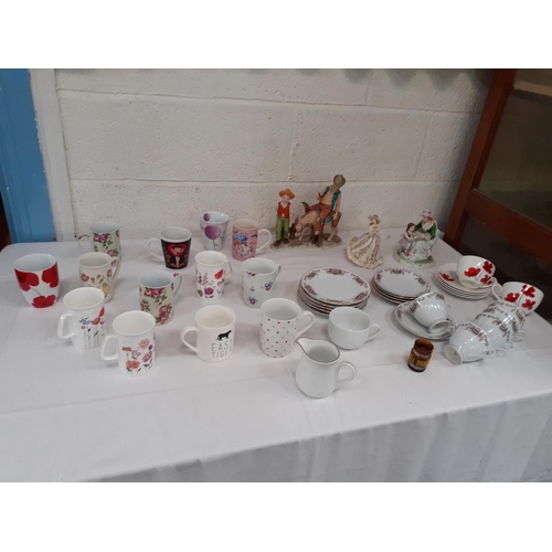 18 - Box of Mugs, Part Tea Set, Figures etc.