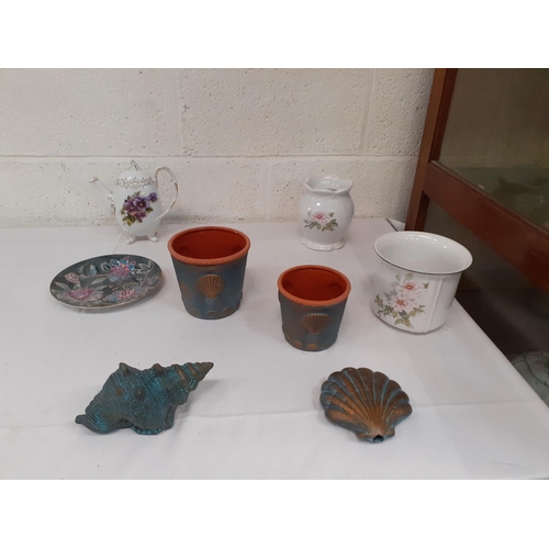 19 - Box of Flower Pots, Ceramic Sea Shells, Teapot, Plate etc.