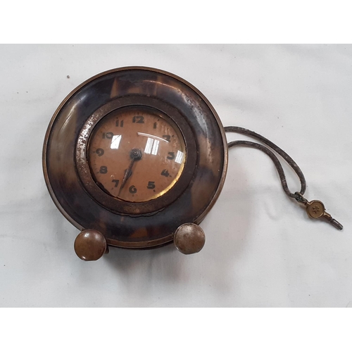 229 - Vintage Plated & Tortoise Shell Bedside Clock with Key.