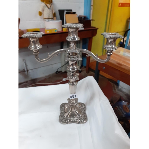 257 - Pair of Silver Plated Three Branch Candelabras.