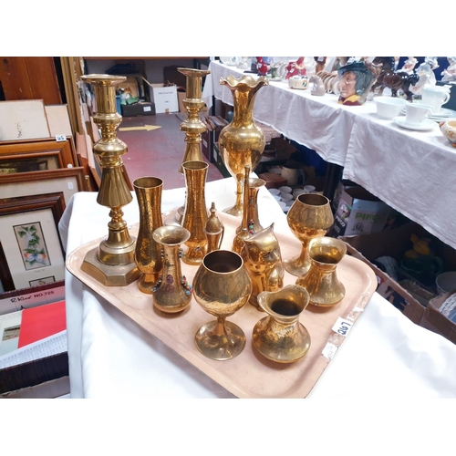 267 - Tray of Stunning Brass Ware - Pair of Candle Sticks, Pairs of Vases, Pair of Goblets, Bell, Sitting ... 