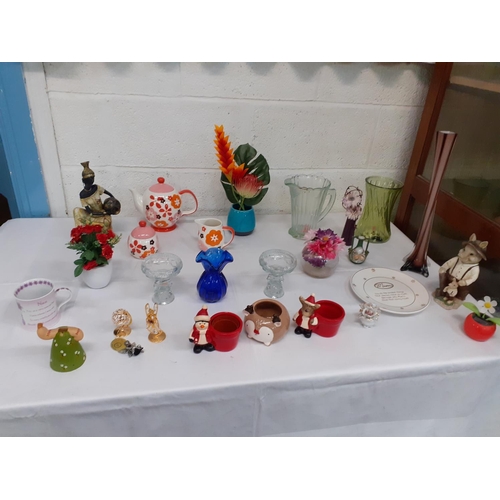 27 - Box of Assorted China, Artificial Flower Displays, Glass Candle Holders, Figures etc.