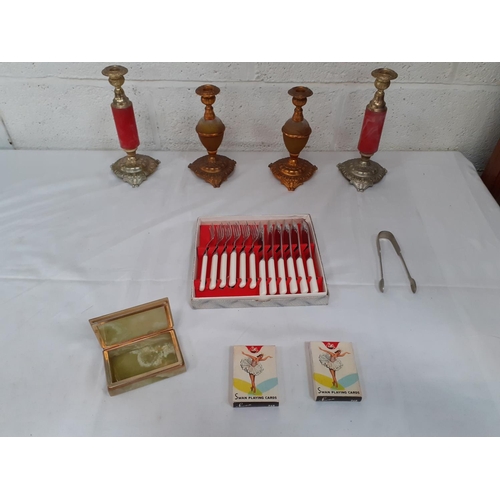 35 - Box to Include Two Pairs of Candle Sticks, Plated Fish Knives & Forks, Playing Cards etc.