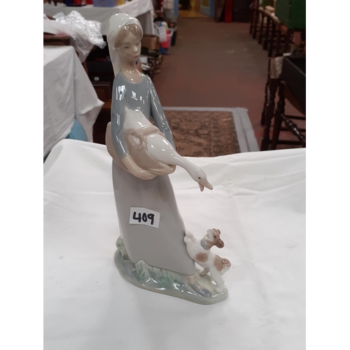 409 - Lladro Girl with Goose & Puppy Figure.