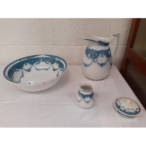 41 - Large Vintage Bristol Blue & White Jug & Bowl with Matching Vase (hairlines) & Lidded Soap Dish.