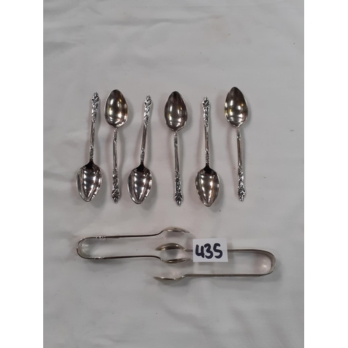 435 - Set of Six Plated Apostle Spoons and Two Pairs of Sugar Tongs.