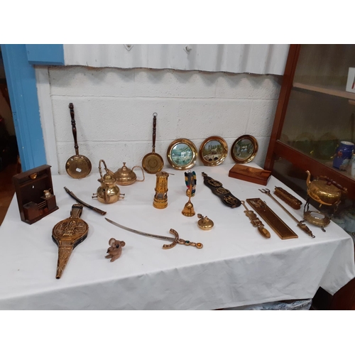 53 - Selection of Brass Ware - Kettle, Horse Brasses etc & Marquetry Topped Wooden Box.