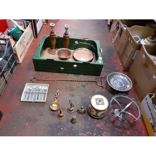 57 - Box of Plated & Copper Ware, Rose Bowl, Candle Holders etc.