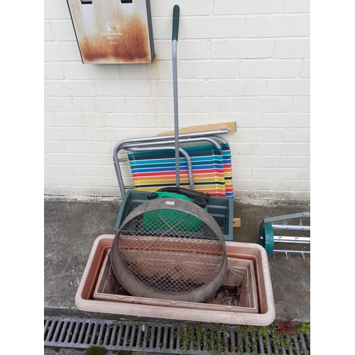 655 - Garden Accessories to Include Soil Sieve, Planters, Seed Trolley & Folding Chair.