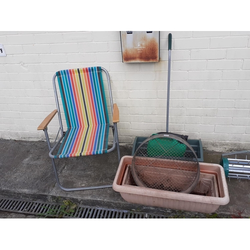 655 - Garden Accessories to Include Soil Sieve, Planters, Seed Trolley & Folding Chair.