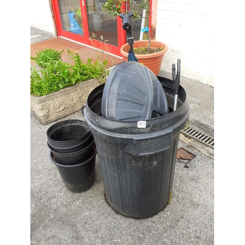 657 - Plastic Garden Bin & Selection of Plant Pots along with a Scottie Dog Handled Umbrella.