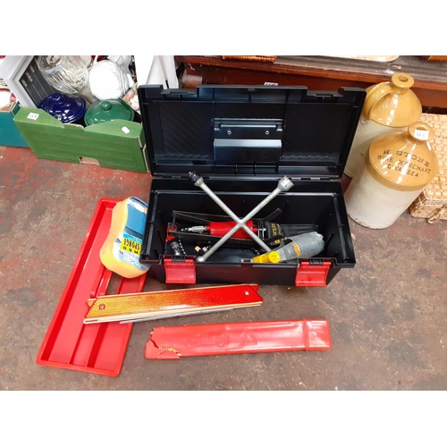 110 - Curver Tool Box & Tools to Include Foot Pump, Warning Triangles, Tyre Iron etc.