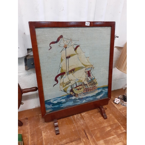 143 - Mahogany Glazed Fire Screen with Tapestry Ship Insert.