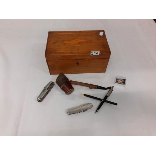 204 - Inlaid Yew Box & Contents - Pipe, Pens, Penknives etc.