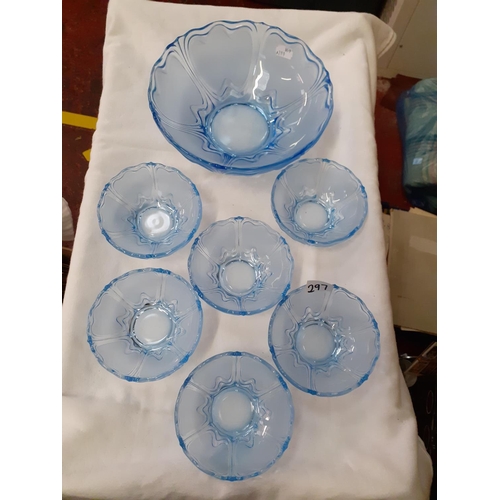 297 - 7 Piece Blue Glass Fruit Bowl Set.