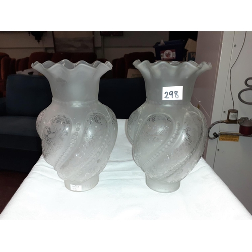 298 - Pair of Frosted & Etched Clear Glass Oil Lamp Shades Height c.22.5cm (c.9