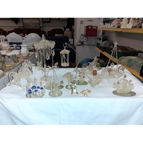 348 - Tray of Hand Crafted Glass Decorative Pieces to Include Carousel, Unicorn, Carriage with Horse etc  ... 