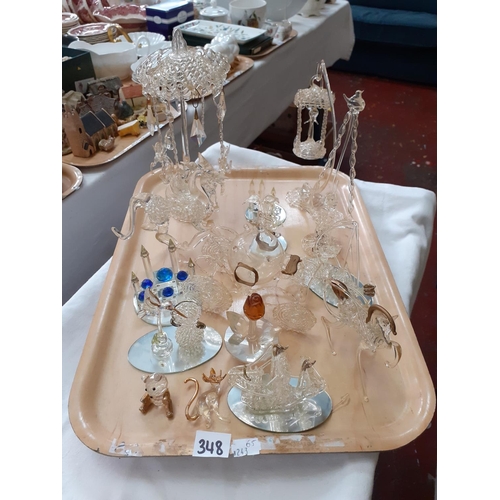 348 - Tray of Hand Crafted Glass Decorative Pieces to Include Carousel, Unicorn, Carriage with Horse etc  ... 