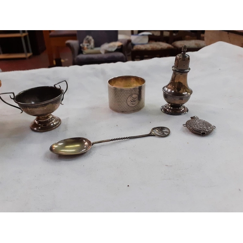 425 - Small Basket with Silver Hallmarked Pieces to Include Napkin Ring, Miniature Cup & Powder Bottle etc... 