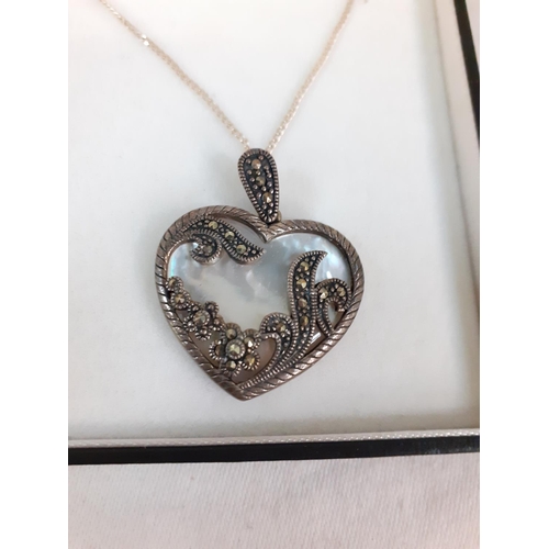 435 - 1925 Silver Heart Pendant with Mother of Pearl Inlay on Chain.