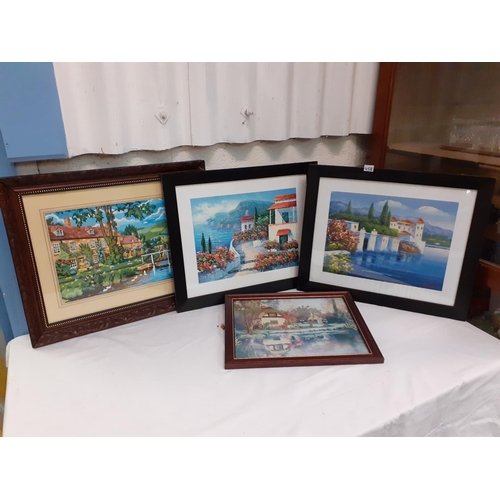 458 - Two Mediterranean Scene Prints, Framed Print by TL Harvey along with a Framed & Glazed Needlework.