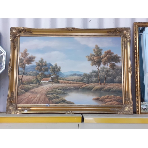 469 - Large Gilt Framed Oil on Canvas Picture - Countryside Scene with River.