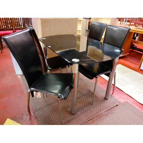 489 - Black Glass Top Dining Table with Chrome Legs & Four Black Leatherette High Backed Chairs.