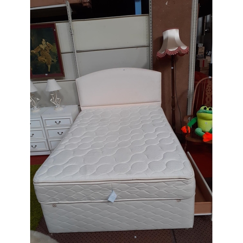 491 - Double Divan Bed with Four Drawers in Base, Sealy Mattress & Matching Cream Padded Headboard.