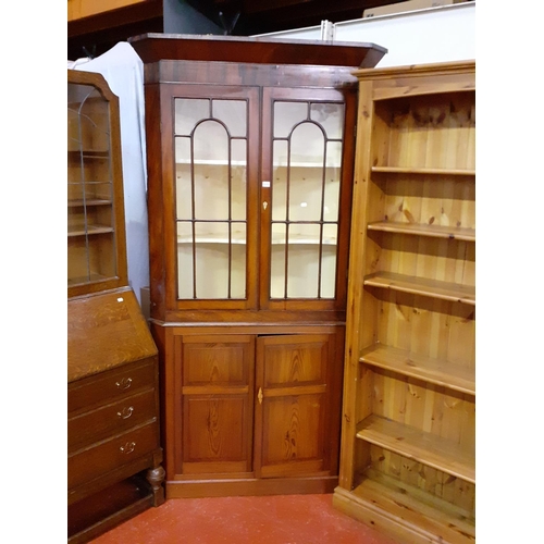 505 - Glazed Top Oak Corner Cabinet with Double Glazed Door Top over Double Cupboard.